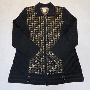 Exclusively Misook Houndstooth Knit Black Brown Zip Jacket Cardigan Size Medium